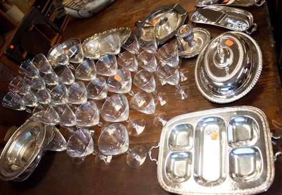 Appraisal: Assorted silver-rimmed stemware and silver-plated serving pieces Estimate - No