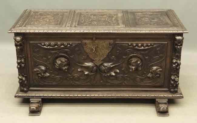 Appraisal: th c heavily carved Spanish coffer '' W '' D