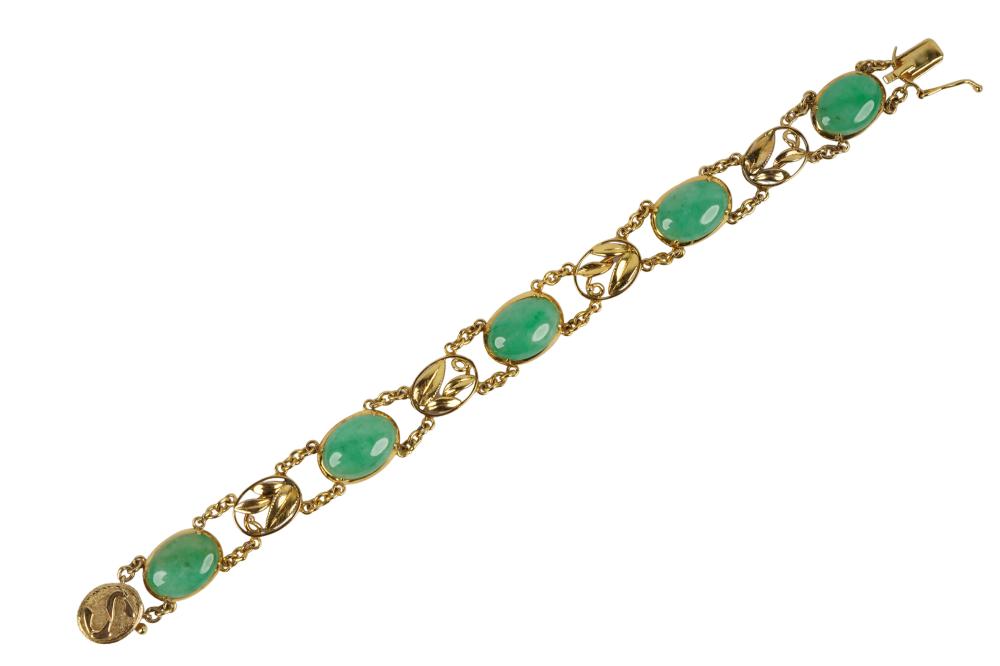 Appraisal: KARAT YELLOW GOLD JADE BRACELETcontaining five oval shape cabochon cut