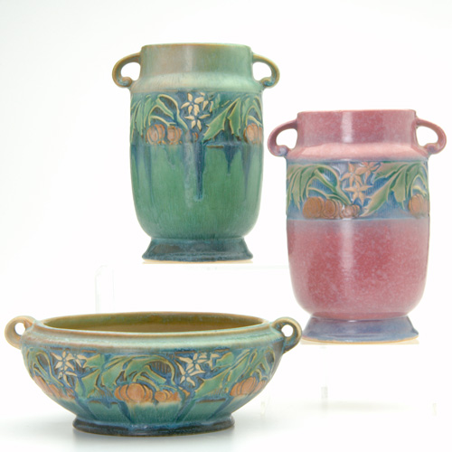 Appraisal: ROSEVILLE Three Baneda pieces a pair of vases one pink