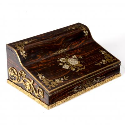 Appraisal: A Victorian coromandel brass and mother-of-pearl inlaid writing slope Turrill