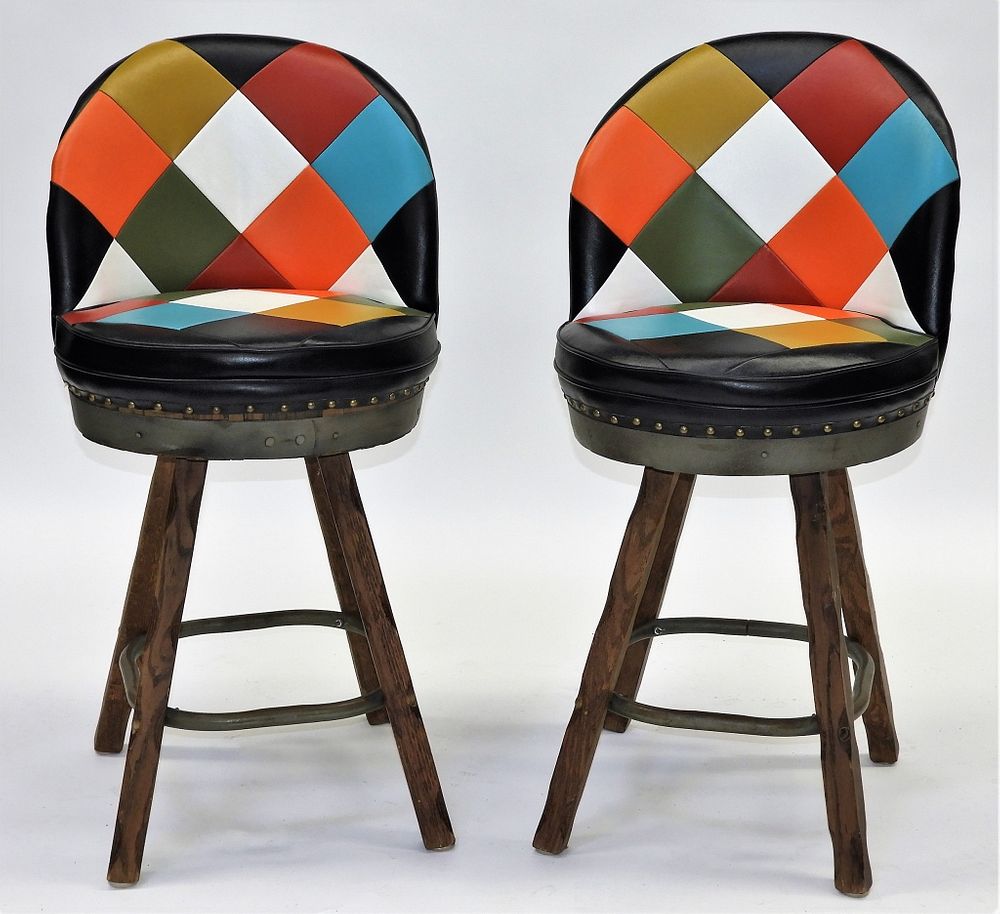 Appraisal: PR Schubert Industries MCM Barrel Barstools Ohio Circa Colorful leather