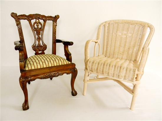 Appraisal: Two th C reproduction childs' doll chairs one Chippendale style