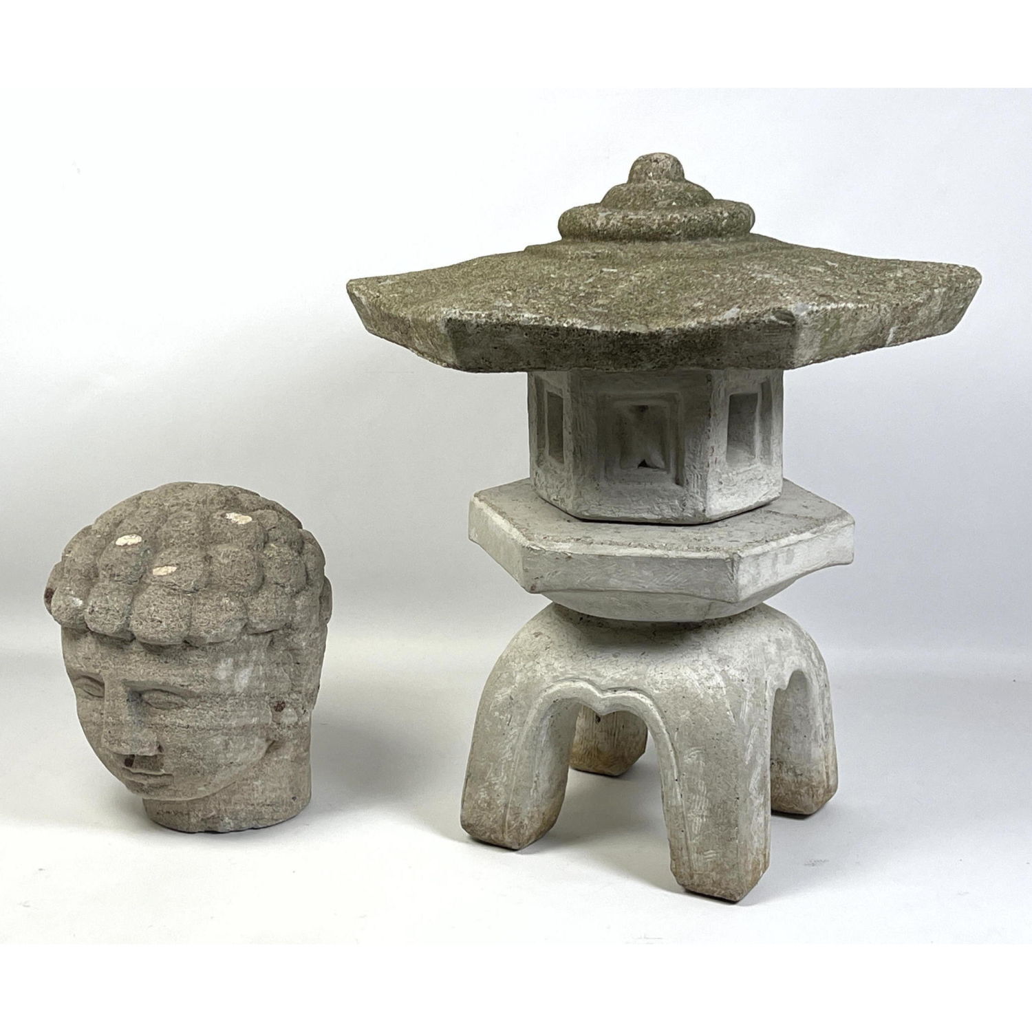 Appraisal: Cast Stone Garden Sculptures Pagoda and Bust Dimensions H inches