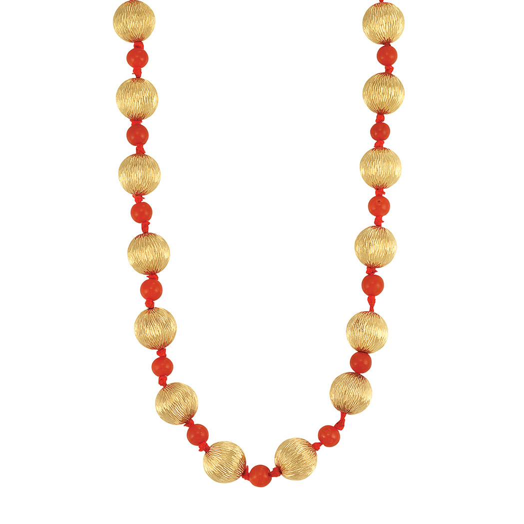 Appraisal: Fluted Gold Bead and Oxblood Coral Bead Necklace Composed of