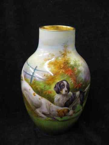 Appraisal: Stouffer Handpainted Porcelain Vasewith hunting dogs artist signed '' tall