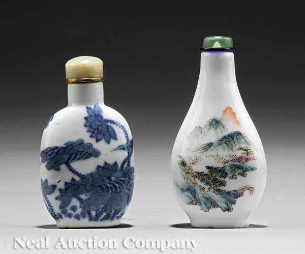 Appraisal: Two Chinese Porcelain Snuff Bottles the first flattened rectangular form