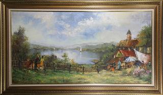 Appraisal: Painting Lake Scene with Figures and Sailboats Lake Scene with