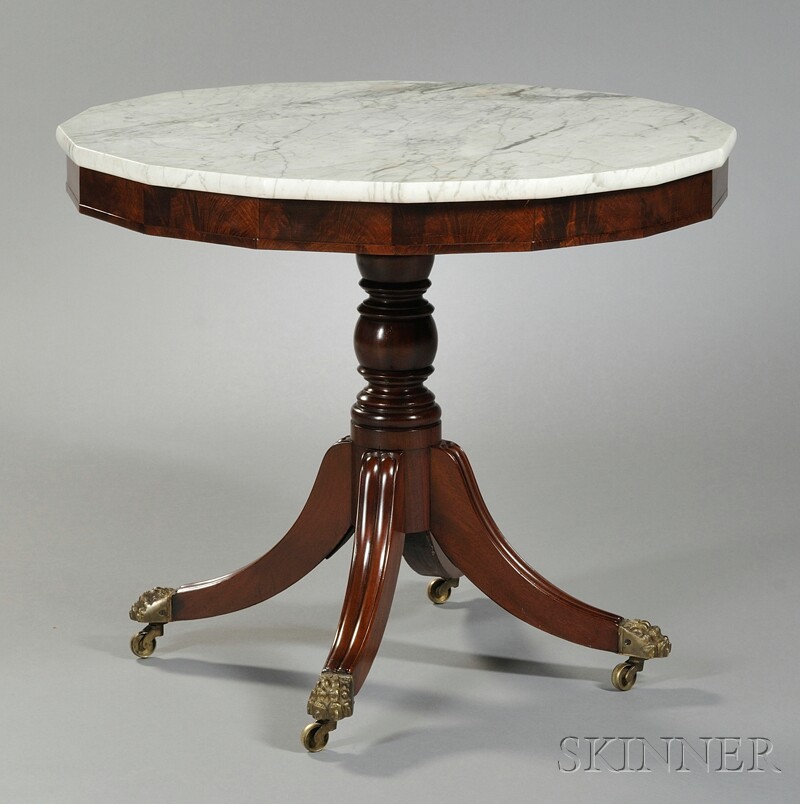 Appraisal: Classical Mahogany Carved Marble-top Center Table Boston c the sixteen-sided