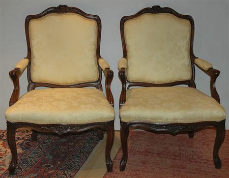 Appraisal: Pair of Louis XV Style Carved Fruitwood Fauteuils Estimate -