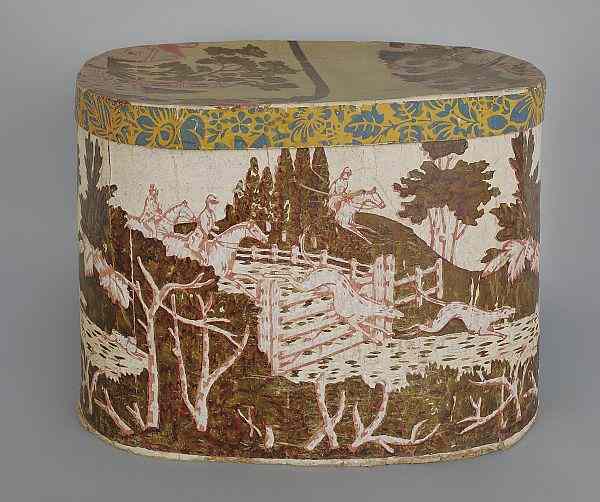 Appraisal: Wallpaper covered hat box early th c with a fox