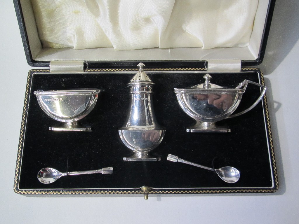 Appraisal: Cased Art Deco three piece silver condiment set Birmingham