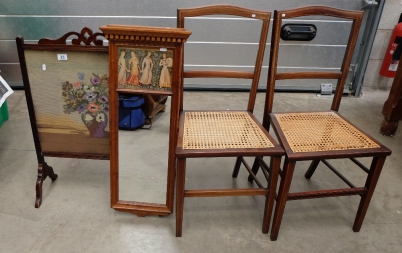 Appraisal: pair Edwardian mahogany bedroom chairs framed mirror and tapestry fire