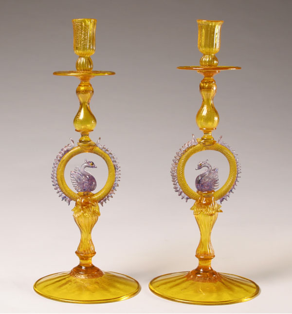 Appraisal: Salviati e C tall multicomponent yellow Venetian glass candlesticks with