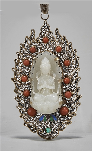 Appraisal: Chinese carved jade or hard stone Guanyin pendant gilt metal