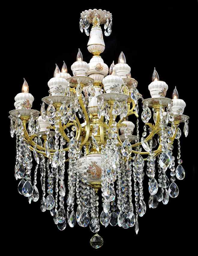 Appraisal: LIGHT BRASS PORCELAIN AND CRYSTAL CHANDELIER The porcelain is hand