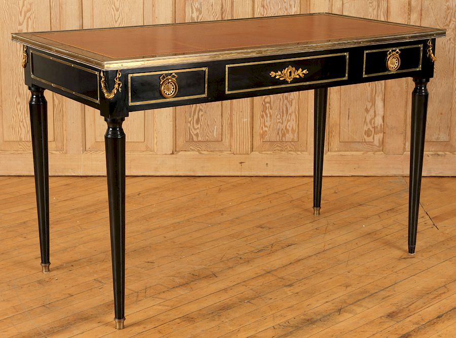 Appraisal: JANSEN EBONIZED LEATHER TOP DESK CIRCA A Jansen ebonized three