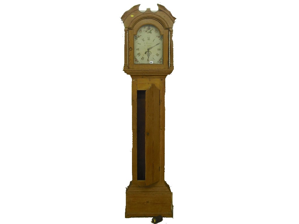 Appraisal: Pine thirty hour longcase clock the painted arched dial signed