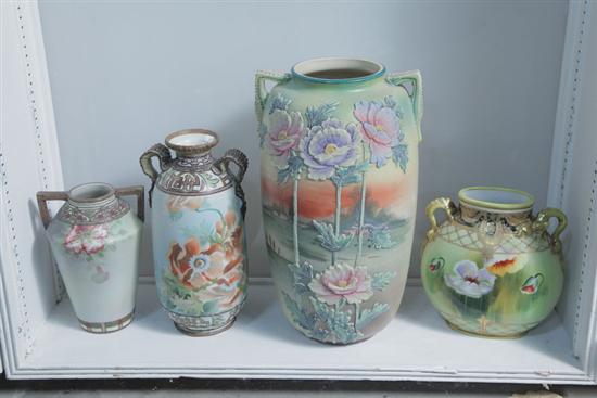 Appraisal: FOUR NIPPON VASES All double handled with polychrome floral and