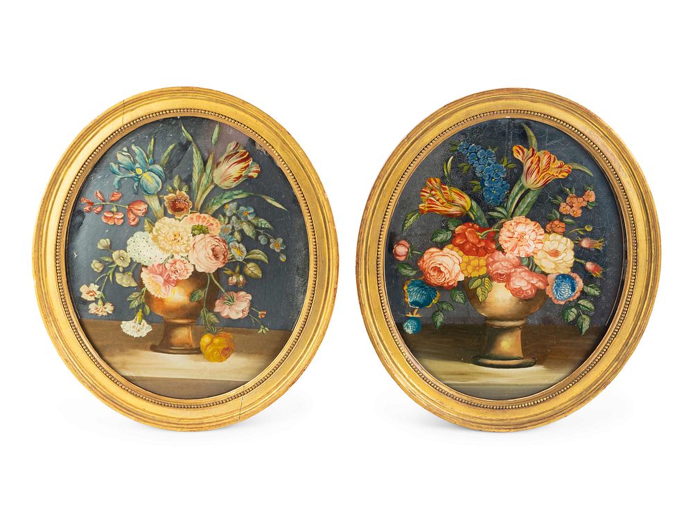 Appraisal: A Pair of English Floral Eglomise Oval Panels x inches