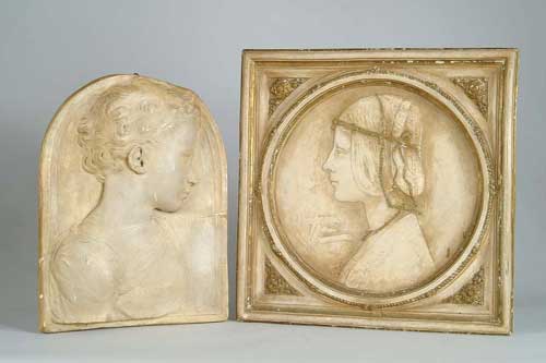 Appraisal: UNSIGNED th Century TWO PLASTER RELIEF PLAQUES Square partial gilt