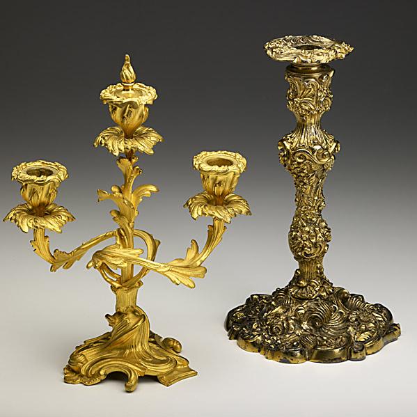 Appraisal: CANDELABRADore bronze -arm together with another gilded metal candlestick of