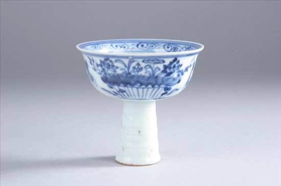 Appraisal: CHINESE BLUE AND WHITE PORCELAIN STEM CUP Qing Dynasty Duck