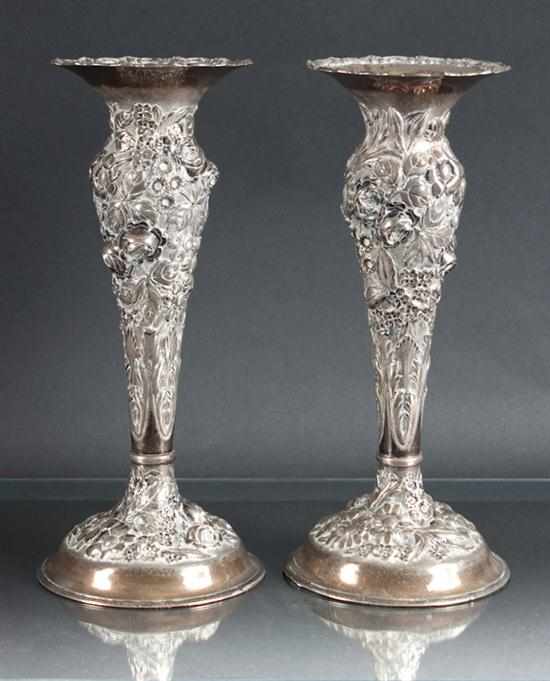 Appraisal: Pair of American weighted repousse sterling silver bud vases Jenkins