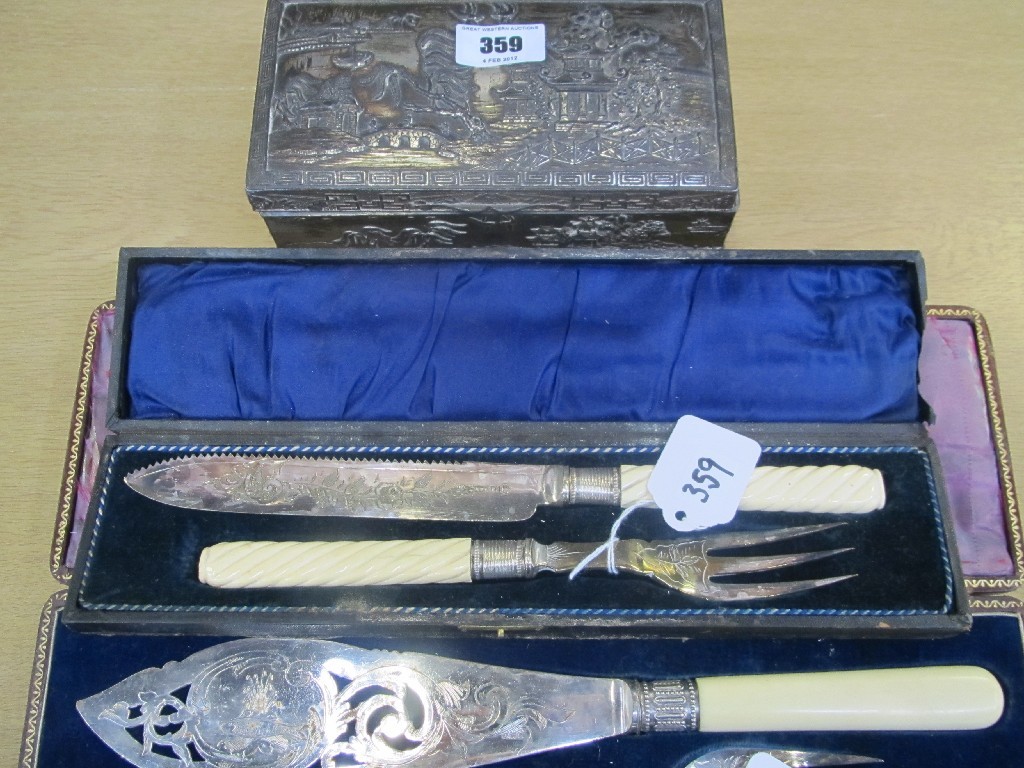 Appraisal: Lot comprising oriental box and two cased sets of servers