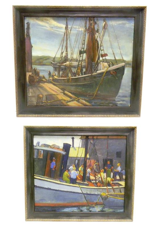 Appraisal: Marion Huse American - two framed fishing themed paintings The