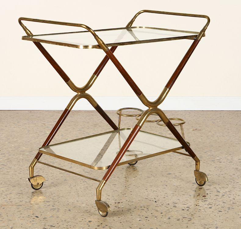 Appraisal: MID CENTURY MODERN WOOD AND BRASS BAR CART A mid