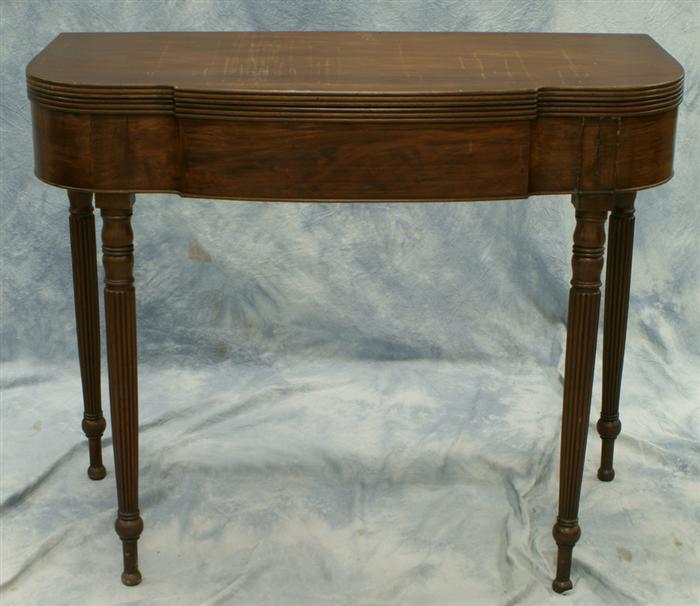 Appraisal: Mahogany Sheraton reeded leg card table damage to right leg