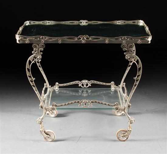 Appraisal: Classical style silver-plated teacart early th century top shelf with