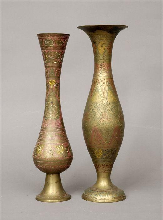 Appraisal: Two Indian Polychromed and Incised Brass Vases Modern to in