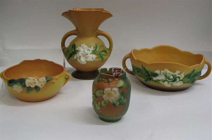 Appraisal: FOUR PIECES ROSEVILLE POTTERY two in the Gardenia pattern a