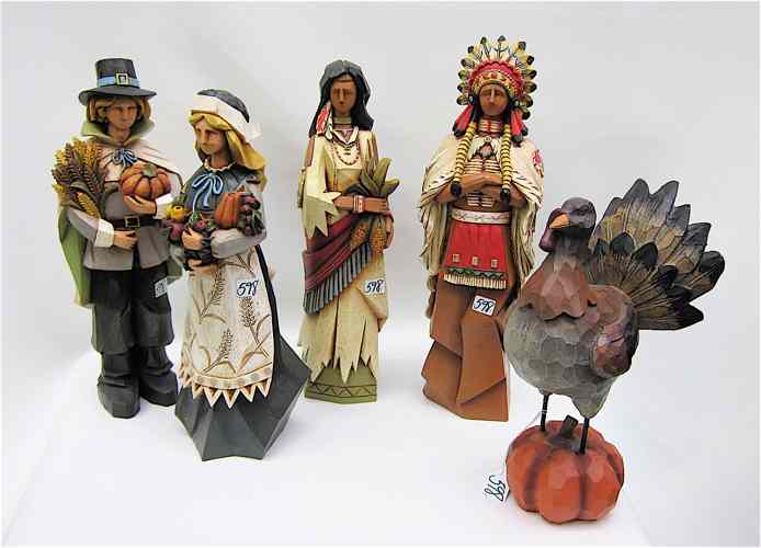 Appraisal: FIVE HOLIDAY FIGURINES Thanksgiving theme native American and pilgrims and