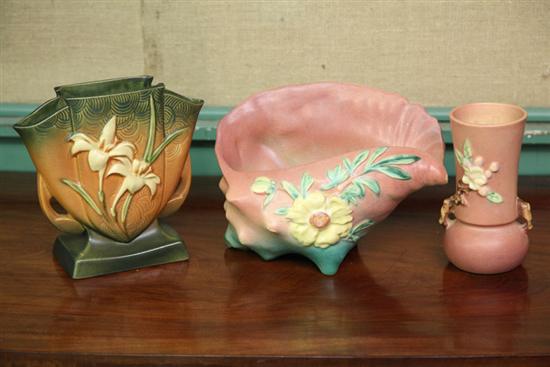 Appraisal: THREE PIECES OF ROSEVILLE A conch shell dish in Peony