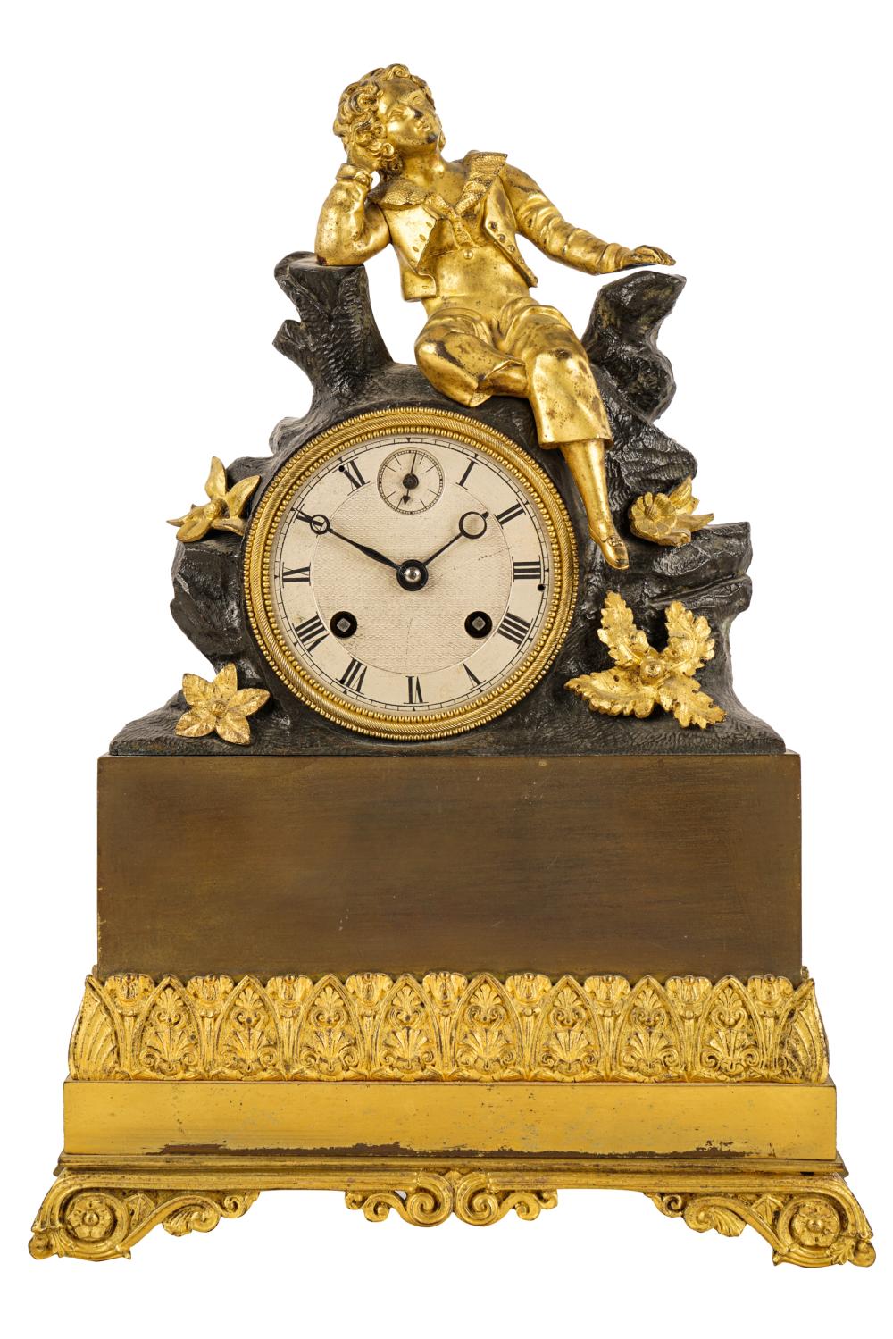 Appraisal: FRENCH GILT PATINATED BRONZE MANTEL CLOCK th century unsigned Condition