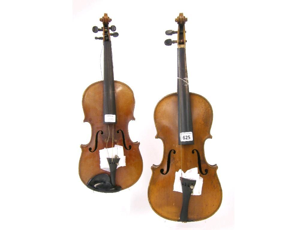 Appraisal: Two early th century three-quarter size Stradivari copy violins