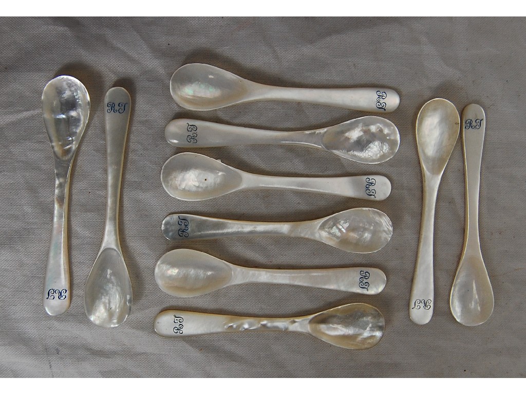 Appraisal: Set of ten mother-of-pearl caviar spoons engraved 'RT'