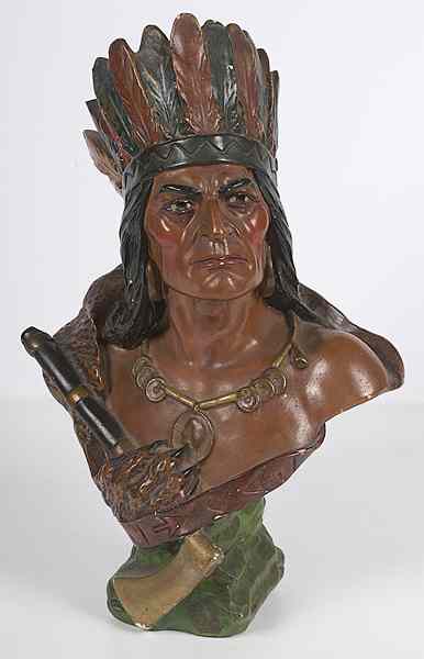 Appraisal: Indian Chief Bust Painted chalkware ca early s signed on