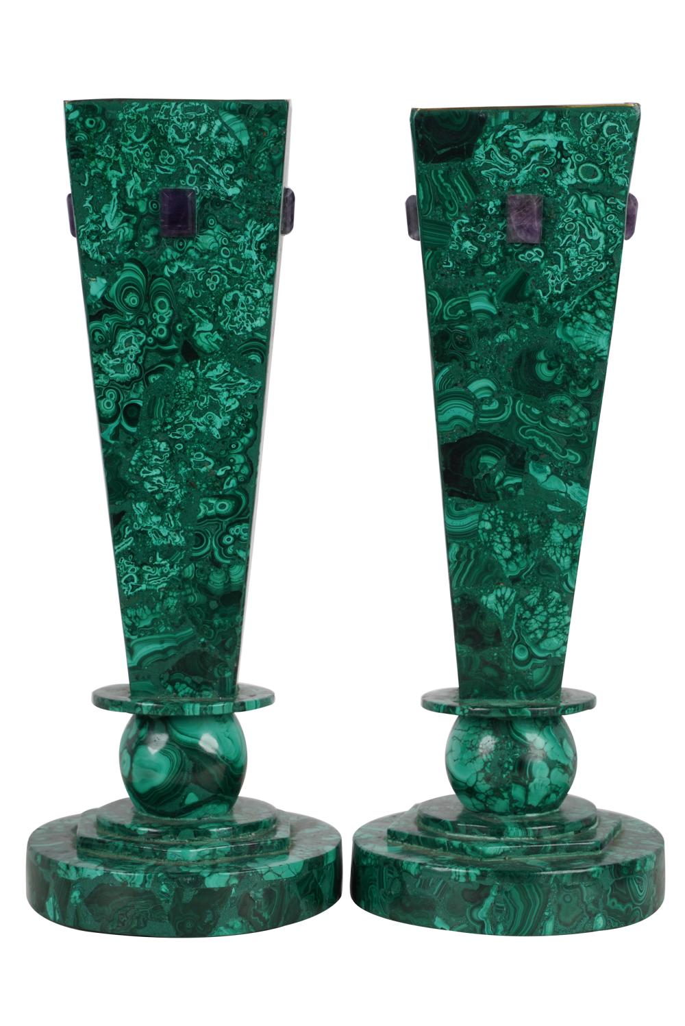 Appraisal: PAIR OF MALACHITE-VENEER VASESeach of square tapering form on a