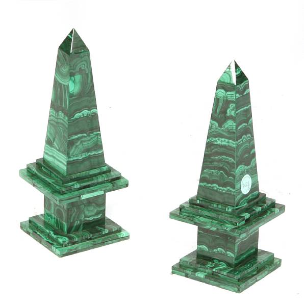 Appraisal: A pair of malachite obelisks height in