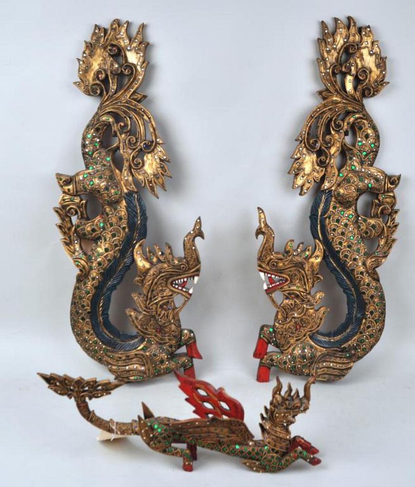 Appraisal: Pair Thai Inlaid Giltwood Dragon Plaques together with a corresponding