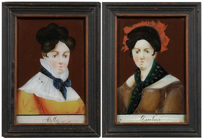 Appraisal: Pair reverse painted portraits Betty wearing high lace collar with