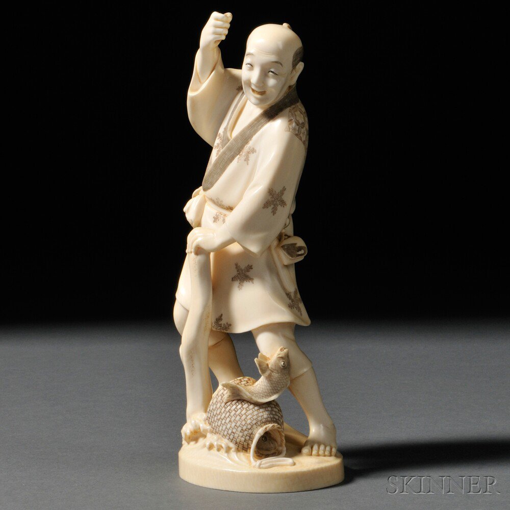 Appraisal: Ivory Okimono of a Fisherman Japan th th century enjoying