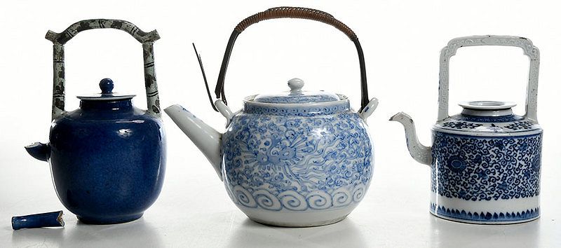 Appraisal: Three Asian Porcelain Tea Pots covered blue and white with