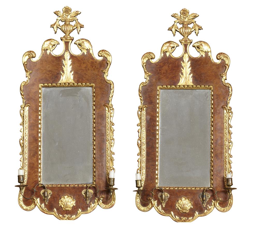 Appraisal: PAIR OF GEORGE I STYLE WALNUT AND GILT GIRONDOLE MIRRORS