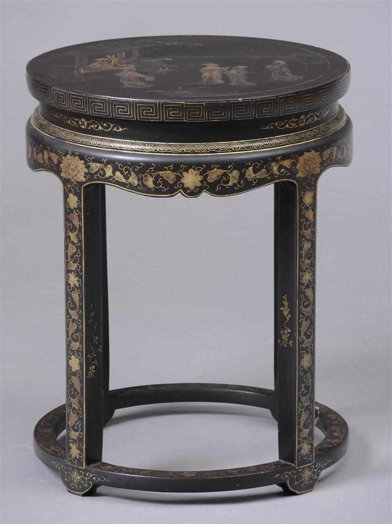 Appraisal: CHINESE BLACK LACQUER STOOL The circular top with garden scene