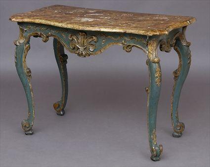 Appraisal: ITALIAN ROCOCO CARVED AND PAINTED CONSOLE TABLE The serpentine-fronted marbelized